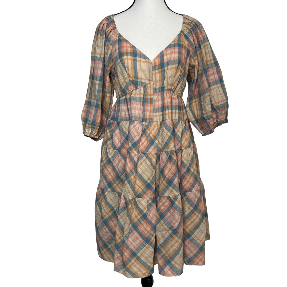 Drew Women Dress Small Beige Plaid‎ Tiered Babydoll Country Cottagecore Prairie